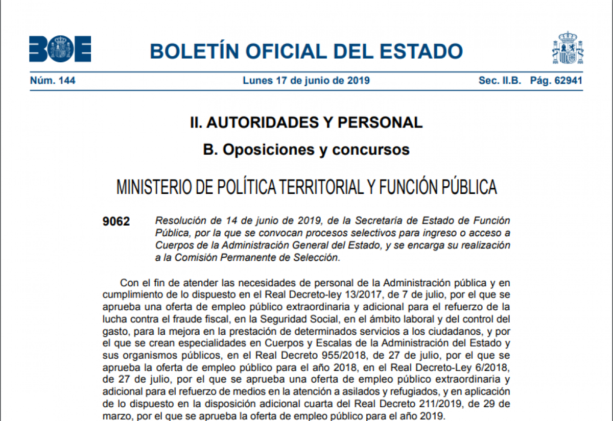 Portada de BOE de 17 de junio de 2019