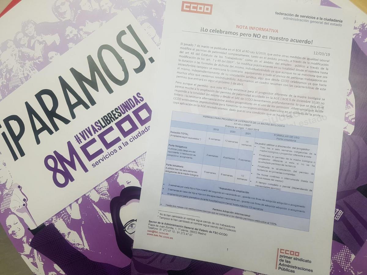 Nota infortiva y carteles del pasado 8M