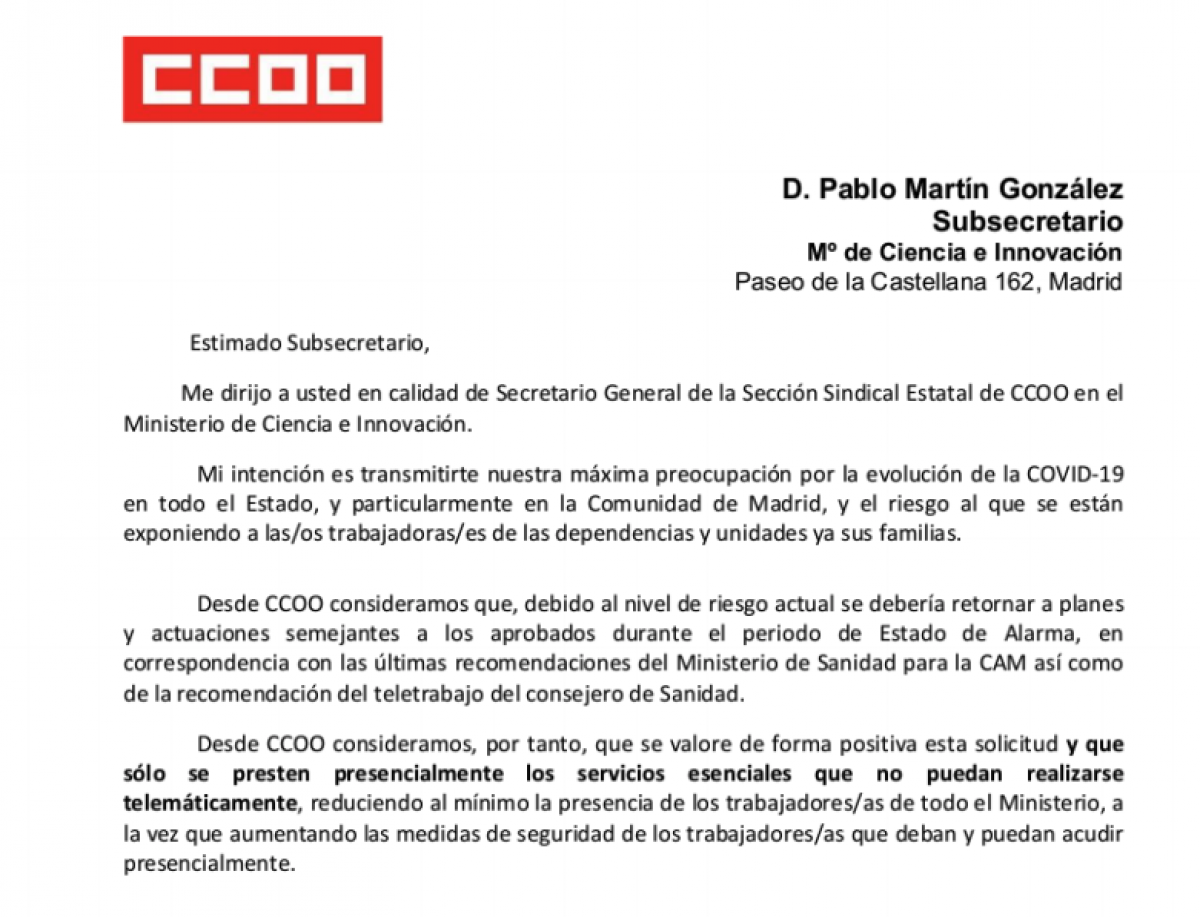 Escrito al Subsecretario del Ministerio de Ciencia e Innovacin