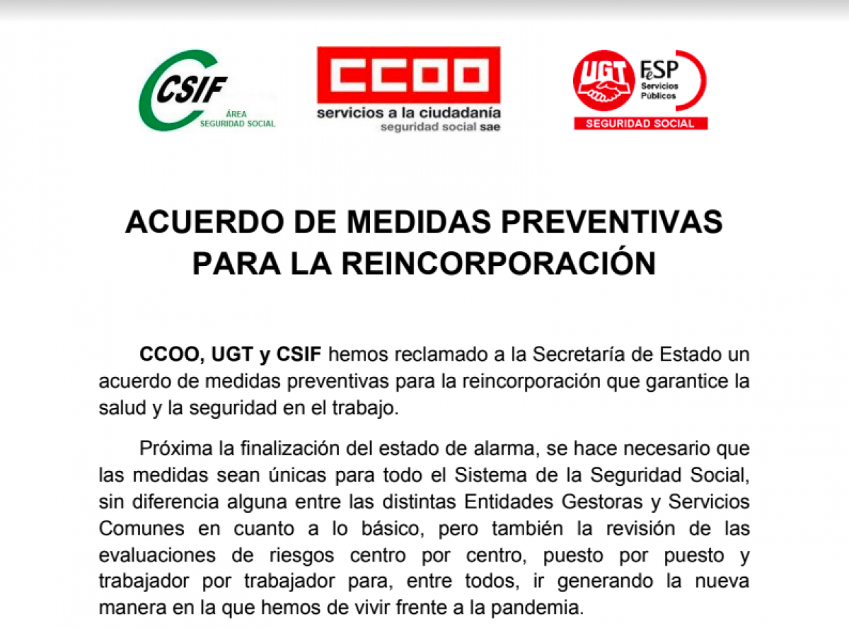 Acuerdo de medidas preventivas para la reincorporacin