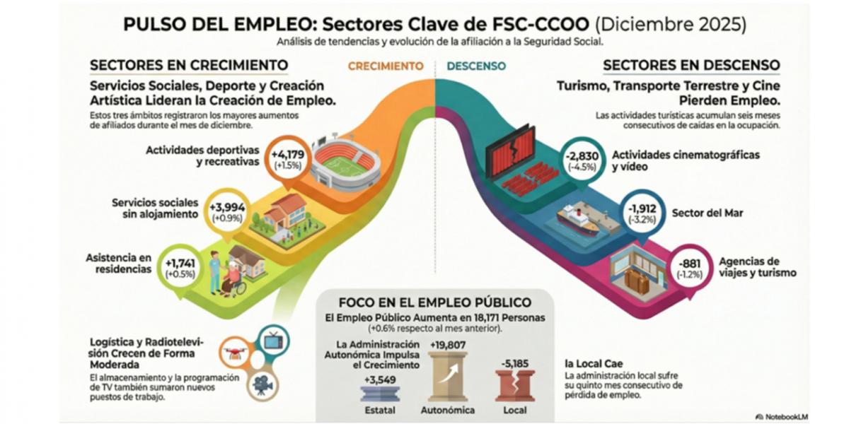 Servicios Sociales, Deporte y Artes Escénicas lideran la creación de empleo en diciembre en los ámbitos de la federación